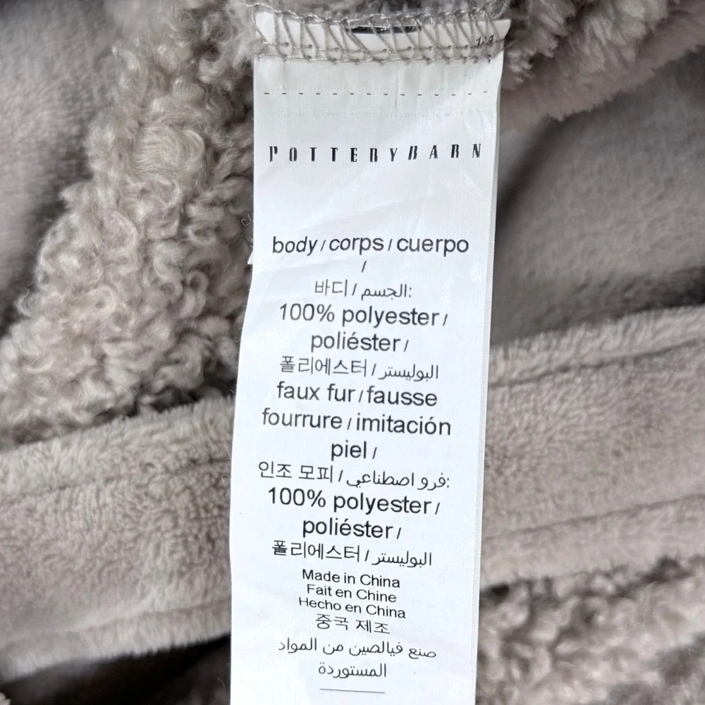 Pottery Barn Robe Women Large Gray Plush Faux Fur Trim Hooded Belted Long Fleece